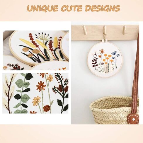 YINVA 3 Sets Embroidery Beginner Kits Embroidery Starter Kit Cross Stitch Kit Include 3 Embroidery Clothes with Floral Pattern Instructions Hoops Floss Thread Fabric Needles for Beginners in Kuwait