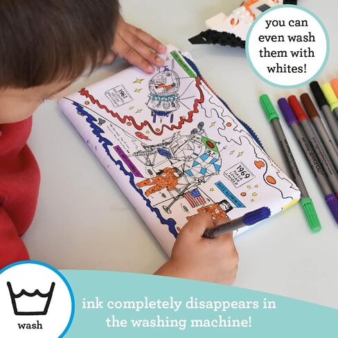 eatsleepdoodle Cars and Tractors Pencil Case for Kids w/ 10pk Washable Markers - 8.5x6in Coloring Pencil Pouch - Ultra Washable & Reusable Arts and Crafts for Kids in Kuwait