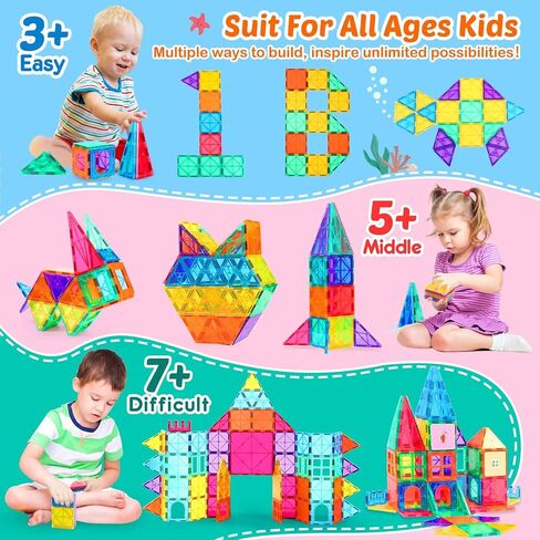 LUDILO بلاط مغناطيسي مغناطيسي 116 قطعة مكعبات بناء للأطفال مع سيارتين، بلاط مغناطيسي لبنات بناء مغناطيسية للأطفال الصغار ألعاب حسية، هدايا ألعاب بلاط مغناطيسي لتعلم العلوم والتكنولوجيا والهندسة والرياضيات in Kuwait