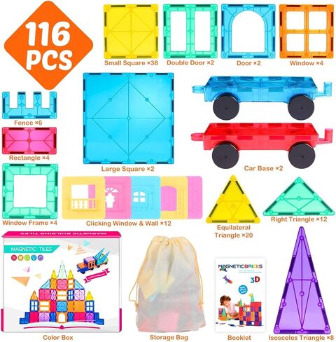 LUDILO بلاط مغناطيسي مغناطيسي 116 قطعة مكعبات بناء للأطفال مع سيارتين، بلاط مغناطيسي لبنات بناء مغناطيسية للأطفال الصغار ألعاب حسية، هدايا ألعاب بلاط مغناطيسي لتعلم العلوم والتكنولوجيا والهندسة والرياضيات in Kuwait