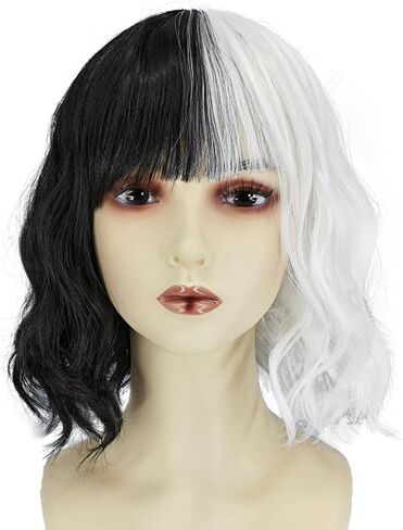 شعر مستعار Ccfurwo Kids Cruella Deville شعر مستعار أبيض وأسود لزي Cruella Deville للفتيات والأطفال شعر مستعار قصير مموج مع قبعات شعر مستعار للحفلات التنكرية CC036BW in Kuwait