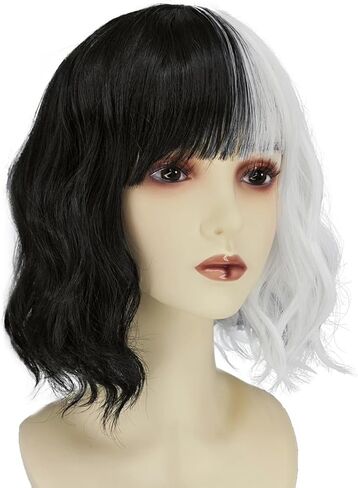 شعر مستعار Ccfurwo Kids Cruella Deville شعر مستعار أبيض وأسود لزي Cruella Deville للفتيات والأطفال شعر مستعار قصير مموج مع قبعات شعر مستعار للحفلات التنكرية CC036BW in Kuwait