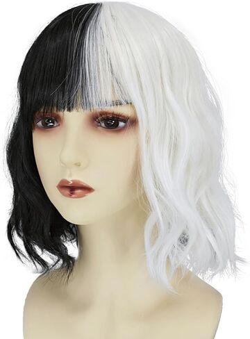 شعر مستعار Ccfurwo Kids Cruella Deville شعر مستعار أبيض وأسود لزي Cruella Deville للفتيات والأطفال شعر مستعار قصير مموج مع قبعات شعر مستعار للحفلات التنكرية CC036BW in Kuwait