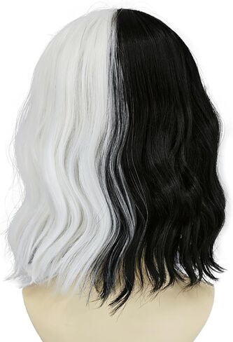 شعر مستعار Ccfurwo Kids Cruella Deville شعر مستعار أبيض وأسود لزي Cruella Deville للفتيات والأطفال شعر مستعار قصير مموج مع قبعات شعر مستعار للحفلات التنكرية CC036BW in Kuwait