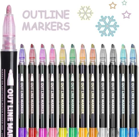 أقلام تحديد معدنية ذاتية الخط، 12 قلم رسم مخطط مزدوج بخط مزدوج لوضع الرسم وبطاقات الهدايا in Kuwait