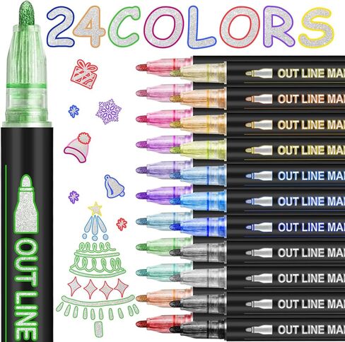 علامات لامعة لأقلام الرسم التخطيطي - 24 قلم تحديد رائع من اللوازم الفنية للفتيات من سن 8 إلى 12 عامًا، علامات مخططة لامعة معدنية مبهرة لصنع البطاقات الفنية، علامات مرحة بخط مزدوج فائقة التأرجح in Kuwait