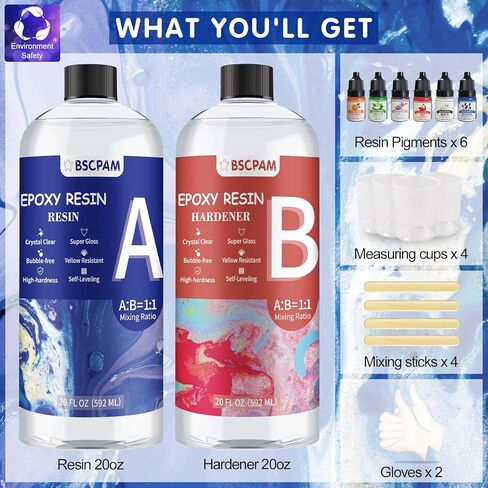 BSCPAM إيبوكسي الراتنج 16 أونصة - مجموعة راتنجات الإيبوكسي الشفاف - مزيج سهل بنسبة 1: 1 صب وطلاء للحرف الفنية DIY والمجوهرات وقالب الراتنج - التسوية الذاتية، بدون اصفرار وخالية من الفقاعات in Kuwait