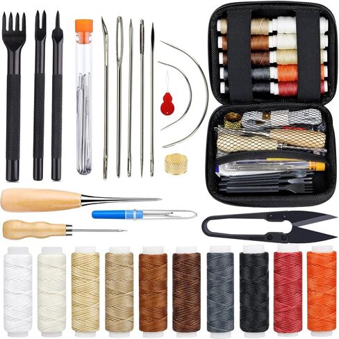 PLANTIONAL Leather Stitching Sewing Kit: 31PCS Leather Sewing Kit with 4mm Lacing Stitching Chisel, Leather Sewing Tools, Waxed Thread and Large-Eye Stitching Needles for Crafting Projects in Kuwait