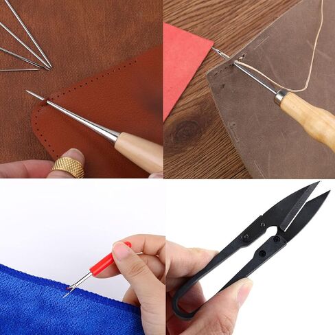 PLANTIONAL Leather Stitching Sewing Kit: 31PCS Leather Sewing Kit with 4mm Lacing Stitching Chisel, Leather Sewing Tools, Waxed Thread and Large-Eye Stitching Needles for Crafting Projects in Kuwait
