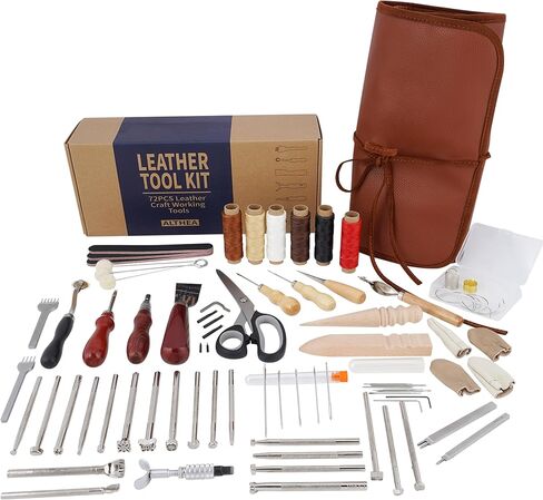 مجموعة أدوات العمل والخياطة الجلدية - مجموعة أدوات جلدية تحتوي على 72 قطعة للخياطة واللكم والنحت والختم والقطع مع حقيبة تخزين للحرف الجلدية، وأدوات العمل الجلدية للخياطة والحرفية in Kuwait