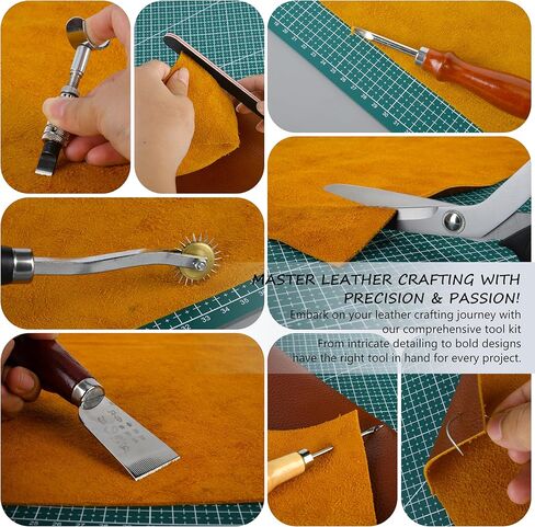مجموعة أدوات العمل والخياطة الجلدية - مجموعة أدوات جلدية تحتوي على 72 قطعة للخياطة واللكم والنحت والختم والقطع مع حقيبة تخزين للحرف الجلدية، وأدوات العمل الجلدية للخياطة والحرفية in Kuwait