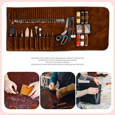 مجموعة أدوات العمل والخياطة الجلدية - مجموعة أدوات جلدية تحتوي على 72 قطعة للخياطة واللكم والنحت والختم والقطع مع حقيبة تخزين للحرف الجلدية، وأدوات العمل الجلدية للخياطة والحرفية in Kuwait