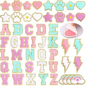 Yilloog 50 Pcs Self Adhesive Chenille Patches Paw Print Smile Face Heart Patch Preppy Sticker Chenille Rainbow Sew on Sticker for Jackets Jeans(Colorful Style)