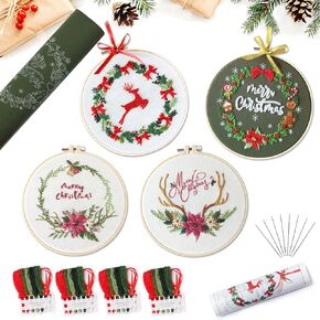4 قطع من مجموعة التطريز للمبتدئين مع نمط عيد الميلاد، مجموعات الخياطة المتقاطعة DIY للبالغين، السلسلة الكاملة تأتي مع 4 أنماط تطريز و4 خيوط مطرزة، 4 أقمشة مطرزة، وتعليمات in Kuwait