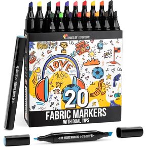 Zenacolor 20 قلم تحديد قماشي بطرف مزدوج - ألوان فريدة لأقلام قماش الملابس - أطراف دقيقة وأقلام طلاء قماش ذات نقطة إزميل لتأثيرات متعددة in Kuwait