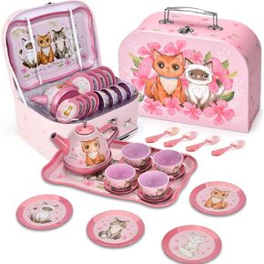 Mermaid Tea Party Set for Little Girls, Kids Party Set Toys for 3 4 5 6 Year Old Girls, Pretend Toy Tin Tea Set & Carrying Case, Princess Tea Time Kitchen Play Toys, Birthday Gifts for Girls