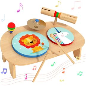 LOOIKOOS Kids Drum Set All in One Montessori Musical Instruments Set Toddler Musical Toys Natural Wooden Music Kit Baby Sensory Toys Gifts for Girls Boys
