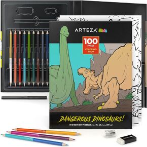مجموعة كتب تلوين وأقلام رصاص للأطفال من Arteza، مقاس 8.5x11 بوصة، رسوم توضيحية للنقل، 50 ورقة مزدوجة الجوانب، ورق 100 رطل، 12 قلم رصاص ملون مزدوج الأطراف في 24 لونًا in Kuwait