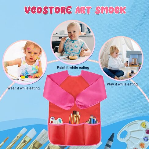 VCOSTORE Kids Art Smock، ثوب رسم للأطفال الصغار، مريلة فنية للأطفال بأكمام طويلة مقاومة للماء مع 3 جيوب للأطفال in Kuwait