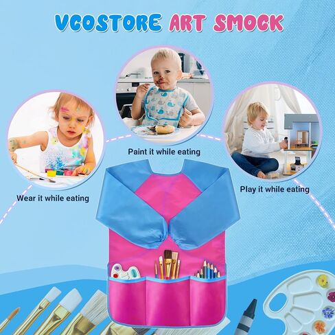 VCOSTORE Kids Art Smock، ثوب رسم للأطفال الصغار، مريلة فنية للأطفال بأكمام طويلة مقاومة للماء مع 3 جيوب للأطفال in Kuwait