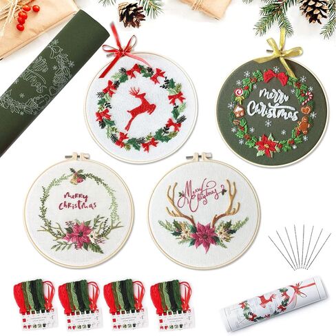 4 قطع من مجموعة التطريز للمبتدئين مع نمط عيد الميلاد، مجموعات الخياطة المتقاطعة DIY للبالغين، السلسلة الكاملة تأتي مع 4 أنماط تطريز و4 خيوط مطرزة، 4 أقمشة مطرزة، وتعليمات in Kuwait