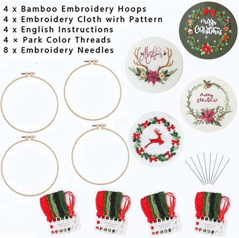 4 قطع من مجموعة التطريز للمبتدئين مع نمط عيد الميلاد، مجموعات الخياطة المتقاطعة DIY للبالغين، السلسلة الكاملة تأتي مع 4 أنماط تطريز و4 خيوط مطرزة، 4 أقمشة مطرزة، وتعليمات in Kuwait