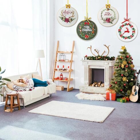 4 قطع من مجموعة التطريز للمبتدئين مع نمط عيد الميلاد، مجموعات الخياطة المتقاطعة DIY للبالغين، السلسلة الكاملة تأتي مع 4 أنماط تطريز و4 خيوط مطرزة، 4 أقمشة مطرزة، وتعليمات in Kuwait