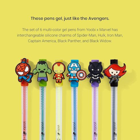 أقلام جل Yoobi x Marvel - أقلام جل ذات رؤوس رفيعة ذات طابع المنتقم مع أقلام ساحرة من Spider-Man وHulk وCaptain America وBlack Panther وBlack Widow - أقلام لطيفة ذات طابع Marvel - نقطة 1.0 مم، 6 ألوان in Kuwait