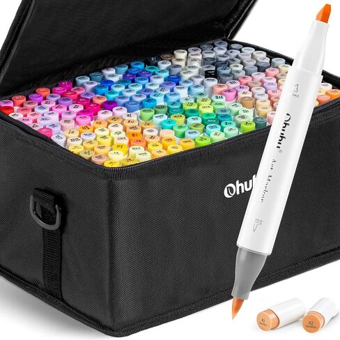 Ohuhu Brush Markers - 216-color Double Tipped Alcohol-based Art Marker Set for Artist Adults Coloring Illustration -Brush & Chisel Dual Tips - Honolulu Series of Ohuhu Markers - Refillable Ink in Kuwait
