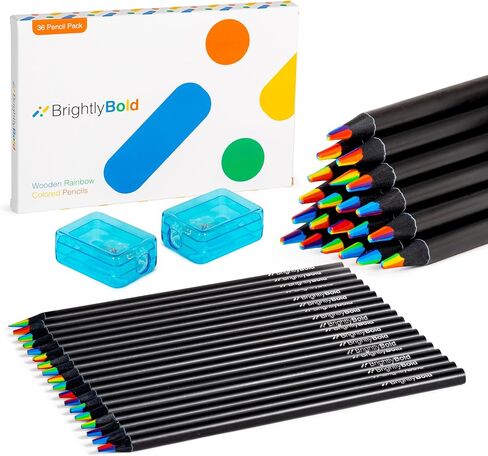 7 in 1 Wooden Rainbow Pencils - 36 pack - Black Wood Multicolored Rainbow Colored Pencil Set with Pencil Sharpeners for Kids - Pre-Sharpened Rainbow Pencil for Art, Drawing, Sketching, Coloring in Saudi Arabia