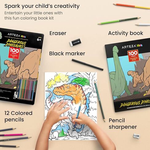 مجموعة كتب تلوين وأقلام رصاص للأطفال من Arteza، مقاس 8.5x11 بوصة، رسوم توضيحية للنقل، 50 ورقة مزدوجة الجوانب، ورق 100 رطل، 12 قلم رصاص ملون مزدوج الأطراف في 24 لونًا in Kuwait