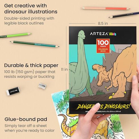 مجموعة كتب تلوين وأقلام رصاص للأطفال من Arteza، مقاس 8.5x11 بوصة، رسوم توضيحية للنقل، 50 ورقة مزدوجة الجوانب، ورق 100 رطل، 12 قلم رصاص ملون مزدوج الأطراف في 24 لونًا in Kuwait