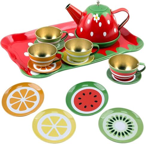 Liberty Imports Kids Fruit Themed Tin Tea Party Toy Set - Metal Teapot and Cups for Childrens Kitchen Pretend Play (14 Pieces) in Saudi Arabia