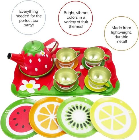 Liberty Imports Kids Fruit Themed Tin Tea Party Toy Set - Metal Teapot and Cups for Childrens Kitchen Pretend Play (14 Pieces) in Saudi Arabia