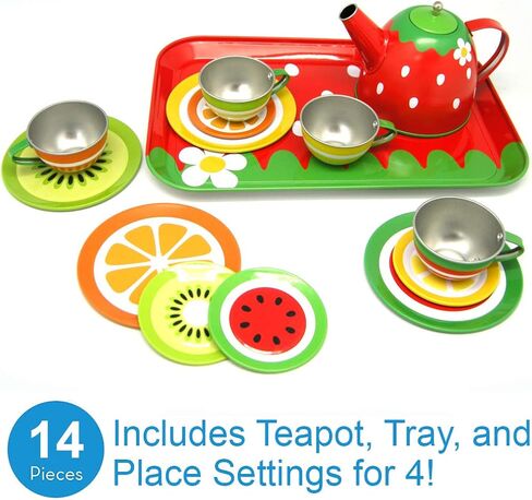 Liberty Imports Kids Fruit Themed Tin Tea Party Toy Set - Metal Teapot and Cups for Childrens Kitchen Pretend Play (14 Pieces) in Saudi Arabia