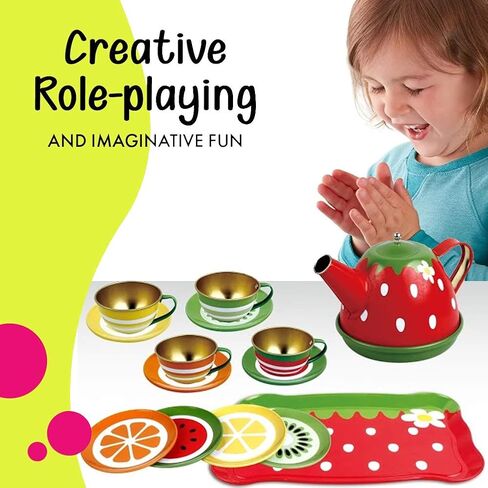 Liberty Imports Kids Fruit Themed Tin Tea Party Toy Set - Metal Teapot and Cups for Childrens Kitchen Pretend Play (14 Pieces) in Saudi Arabia