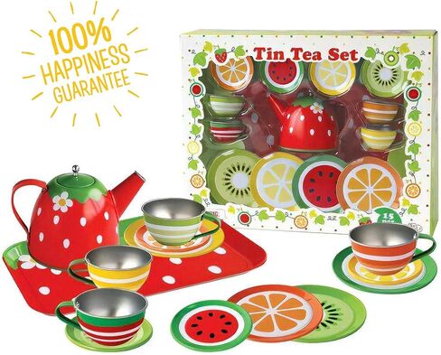 Liberty Imports Kids Fruit Themed Tin Tea Party Toy Set - Metal Teapot and Cups for Childrens Kitchen Pretend Play (14 Pieces) in Saudi Arabia