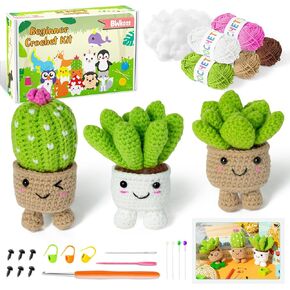BWkoss Crochet Starter Kit, Plants Family Crochet Kit for Beginners Cacti Succulent DIY Yarn Handmade Knitting Craft Supplies Learn to Crochet Kit with Step-by-Step Video Tutorials for Adults Kids