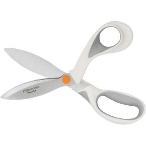 Fiskars SoftGrip PowerCut Fabric and Mixed Media Scissors - 8" Heavy Duty Scissors for Fabric, Cardboard, Cork, Decorative Metal and Foam Cutting with Serrated Blade Edge - White