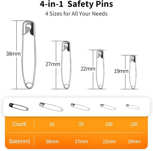 حزمة من 4 دبابيس أمان عالية الجودة من Officepal - عدد 250 - مجموعة فولاذية متينة مطلية بالنيكل مقاومة للصدأ - أفضل مجموعة إكسسوارات الخياطة لملابس الأطفال والحرف اليدوية والفنون (4 مقاسات في 1 رقم 001) in Kuwait