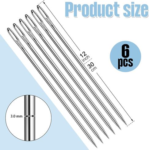 ابر خياطة يدوية مستقيمة بطول 12 انش بسمك 3 ملم، ابر خياطة بعين كبيرة لخياطة النسيج والحواف والخياطة من خلال الحشو والمشاريع الفنية، 6 قطع in Kuwait