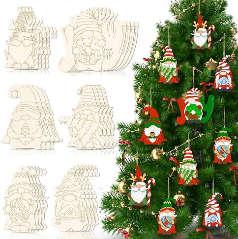kockuu عيد الميلاد جنوم الحلي الخشبية للشجرة - 24 قطعة شرائح انقطاع جنوم الخشب الفارغة غير المكتملة مع مشروع خط للأطفال DIY الحرفية صنع اللوحة عطلة لوازم ديكور المنزل in Kuwait