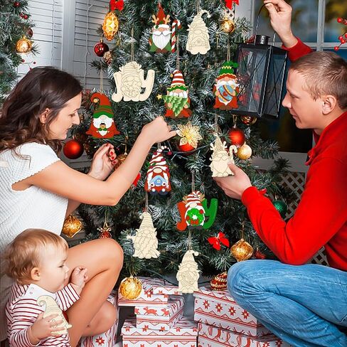 kockuu عيد الميلاد جنوم الحلي الخشبية للشجرة - 24 قطعة شرائح انقطاع جنوم الخشب الفارغة غير المكتملة مع مشروع خط للأطفال DIY الحرفية صنع اللوحة عطلة لوازم ديكور المنزل in Kuwait