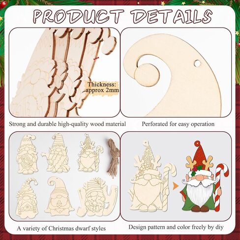 kockuu عيد الميلاد جنوم الحلي الخشبية للشجرة - 24 قطعة شرائح انقطاع جنوم الخشب الفارغة غير المكتملة مع مشروع خط للأطفال DIY الحرفية صنع اللوحة عطلة لوازم ديكور المنزل in Kuwait