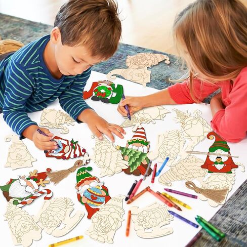 kockuu عيد الميلاد جنوم الحلي الخشبية للشجرة - 24 قطعة شرائح انقطاع جنوم الخشب الفارغة غير المكتملة مع مشروع خط للأطفال DIY الحرفية صنع اللوحة عطلة لوازم ديكور المنزل in Kuwait