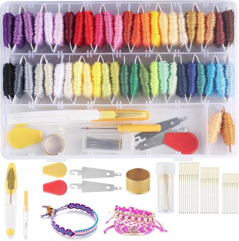 مجموعة سلسلة سوار الصداقة، مجموعة خيط تطريز 50 لونًا لمجموعات صنع أساور الصداقة، مجموعة أدوات خيط الغرز المتقاطعة لتطريز سوار الصداقة، مع صندوق تخزين in Kuwait