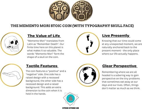 عملة ميمينتو موري الرواقية من ستويك ستور يو كيه - عملة رمزية رواقية مومنتو موري اي دي سي مع وجه جمجمة مخفي داخل عملة - ماركوس اوريليوس، عملة تحدي نحاسية، اونوس انوس، تذكار فيفير in Kuwait