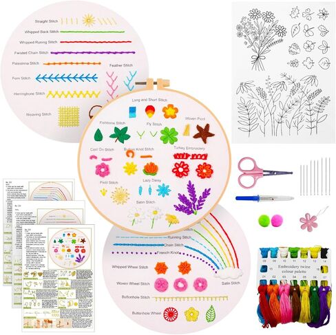 3 Sets Embroidery Kit for Beginners Adults Starter with 1Pcs A4 Stick and Stitch Embroidery Paper Sticker for Patterns Transfers,DIY Needlepoint Stitching Kits for Adults Crafts Learn to Embroider in Kuwait