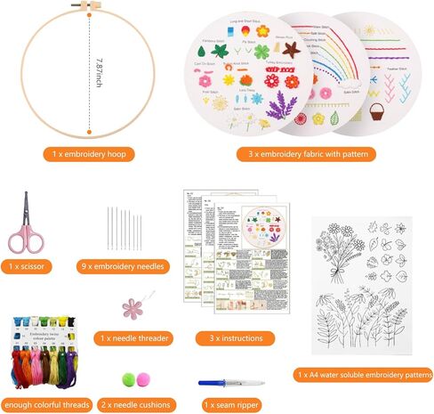 3 Sets Embroidery Kit for Beginners Adults Starter with 1Pcs A4 Stick and Stitch Embroidery Paper Sticker for Patterns Transfers,DIY Needlepoint Stitching Kits for Adults Crafts Learn to Embroider in Kuwait