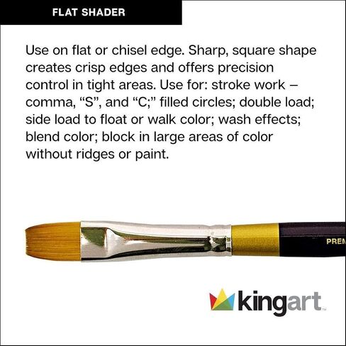 فرشاة فنان من سلسلة تظليل مسطحة من KingART Premium Gold 9300-12، شعر صناعي تاكلون ذهبي، مقبض قصير، للأكريليك والألوان المائية والزيت والغواش، مقاس 12 in Saudi Arabia